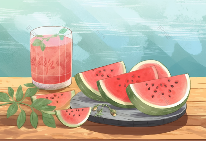 夏日清凉的西瓜果汁薄荷放在桌面上创意插画设计素材,插画/手绘图,插画/手绘图库,插画/手绘图下载,插画/手绘